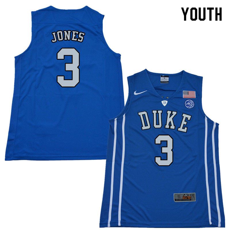 2018 Youth #3 Tre Jones Duke Blue Devils College Basketball Jerseys Sale-Blue
